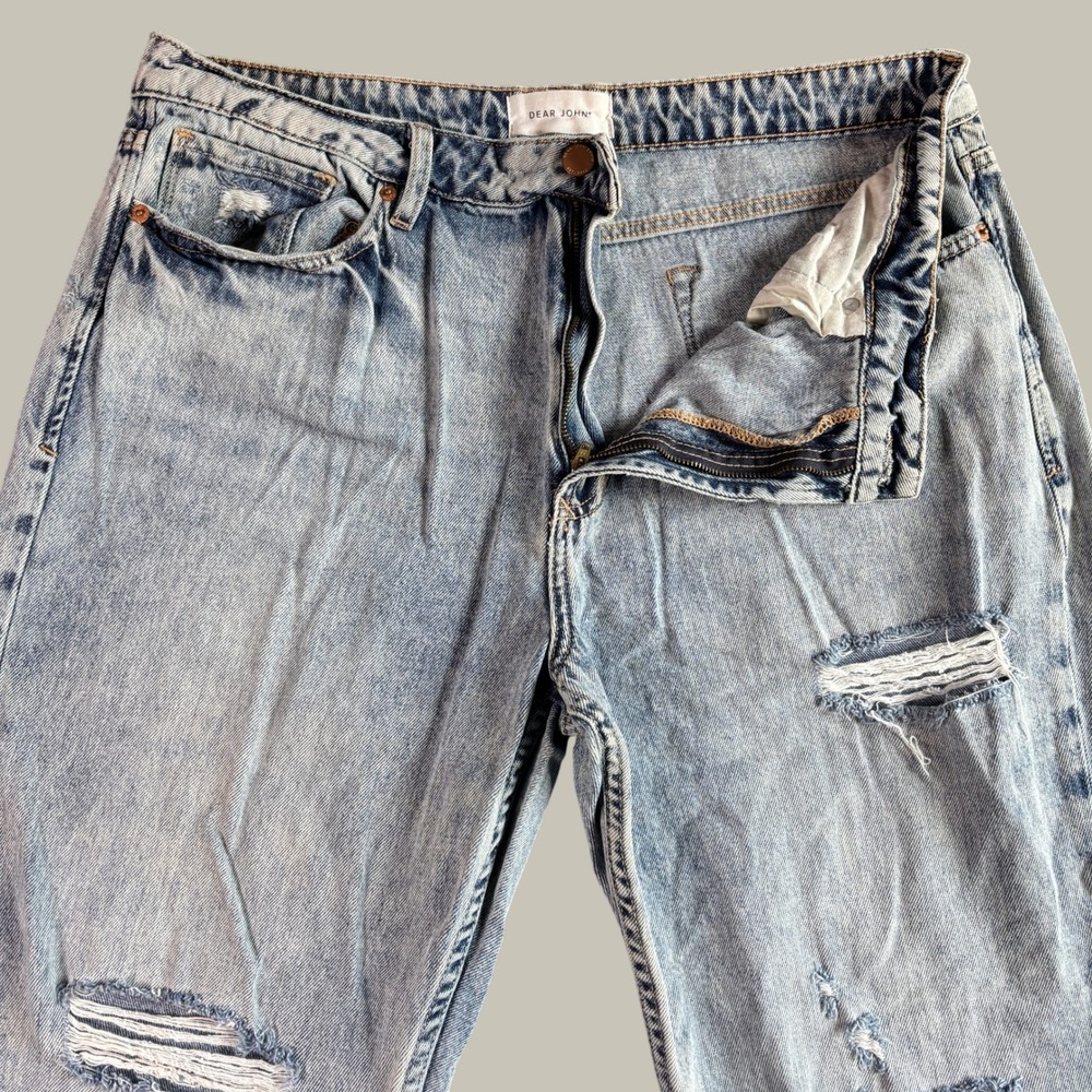 Dear John Womens Distressed Jeans 33 Light Blue Cotton Acid Wash Straight Leg